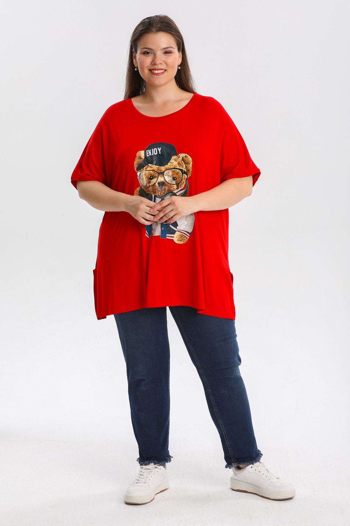 Gül Moda-Plus Size Blouse Teddy Bear Printed Red G087-1 3
