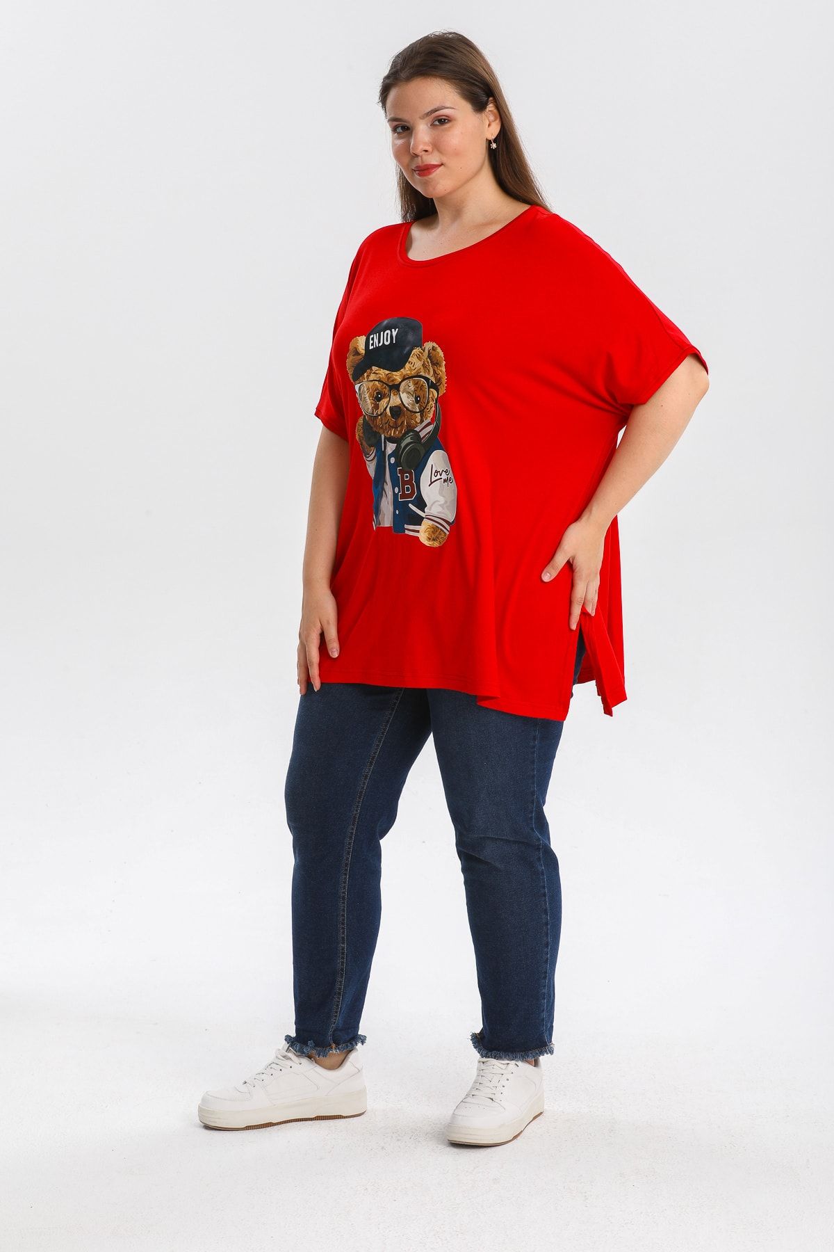 Gül Moda-Plus Size Blouse Teddy Bear Printed Red G087-1 5