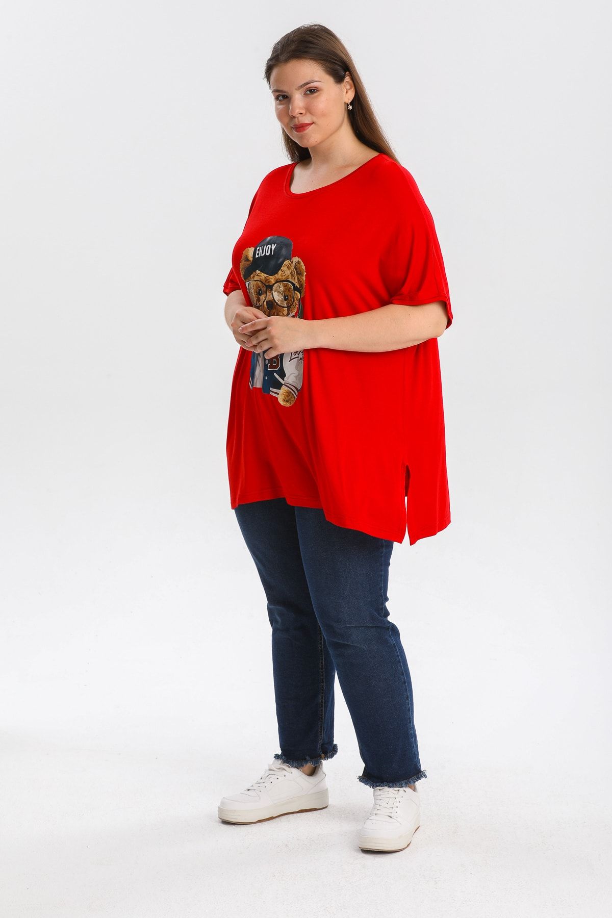 Gül Moda-Plus Size Blouse Teddy Bear Printed Red G087-1 6