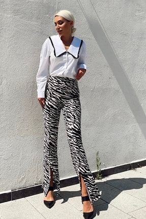 Kadın Siyah Beyaz Zebra Desenli Önden Yırtmaçlı Yüksek Bel Örme Pantolon Tayt 22IKSR0002