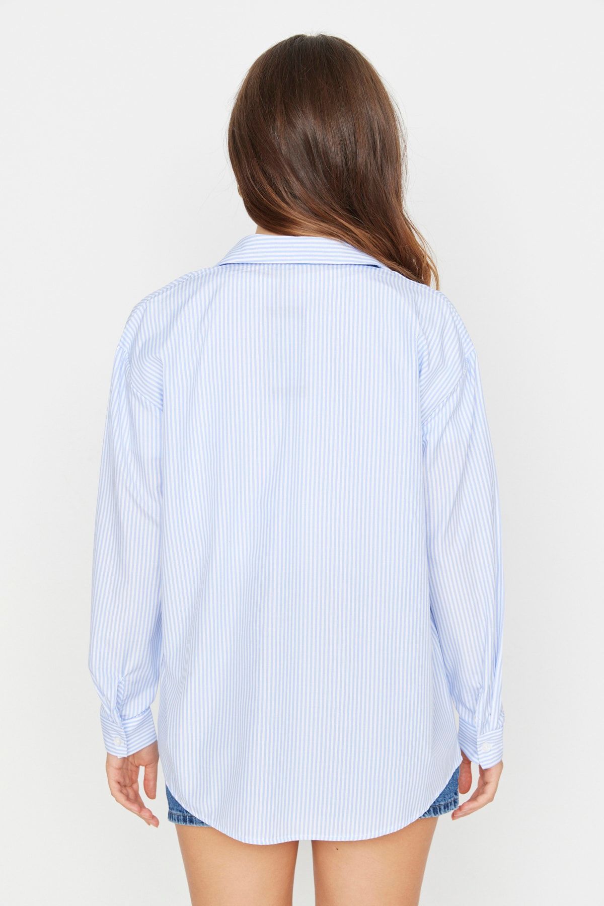 Trendyol Collection-Blue Striped Wide Fit Shirt with Pocket Detail - Twoaw23Go00359 5
