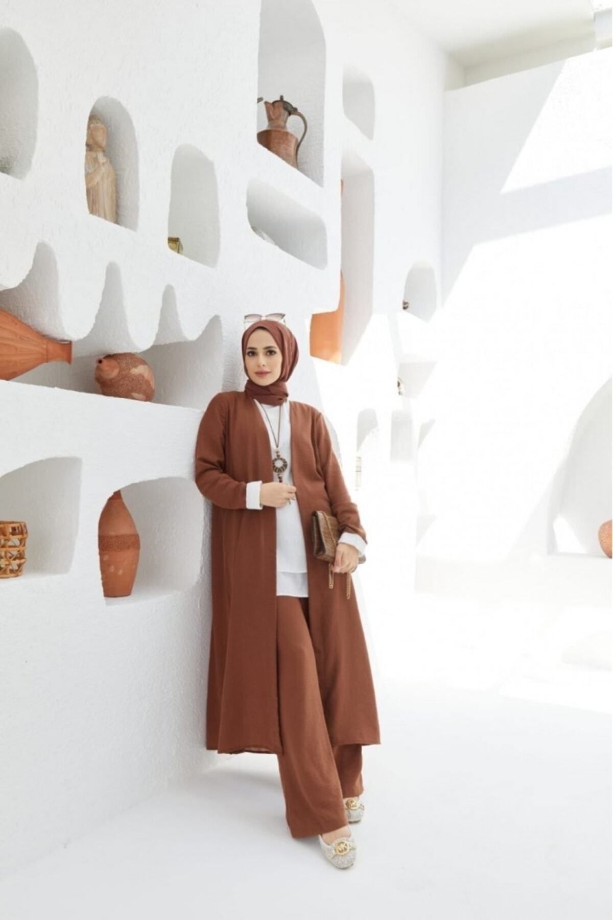 NS Moda-Hijab Linen 3 Piece Set Brown Model-452 4