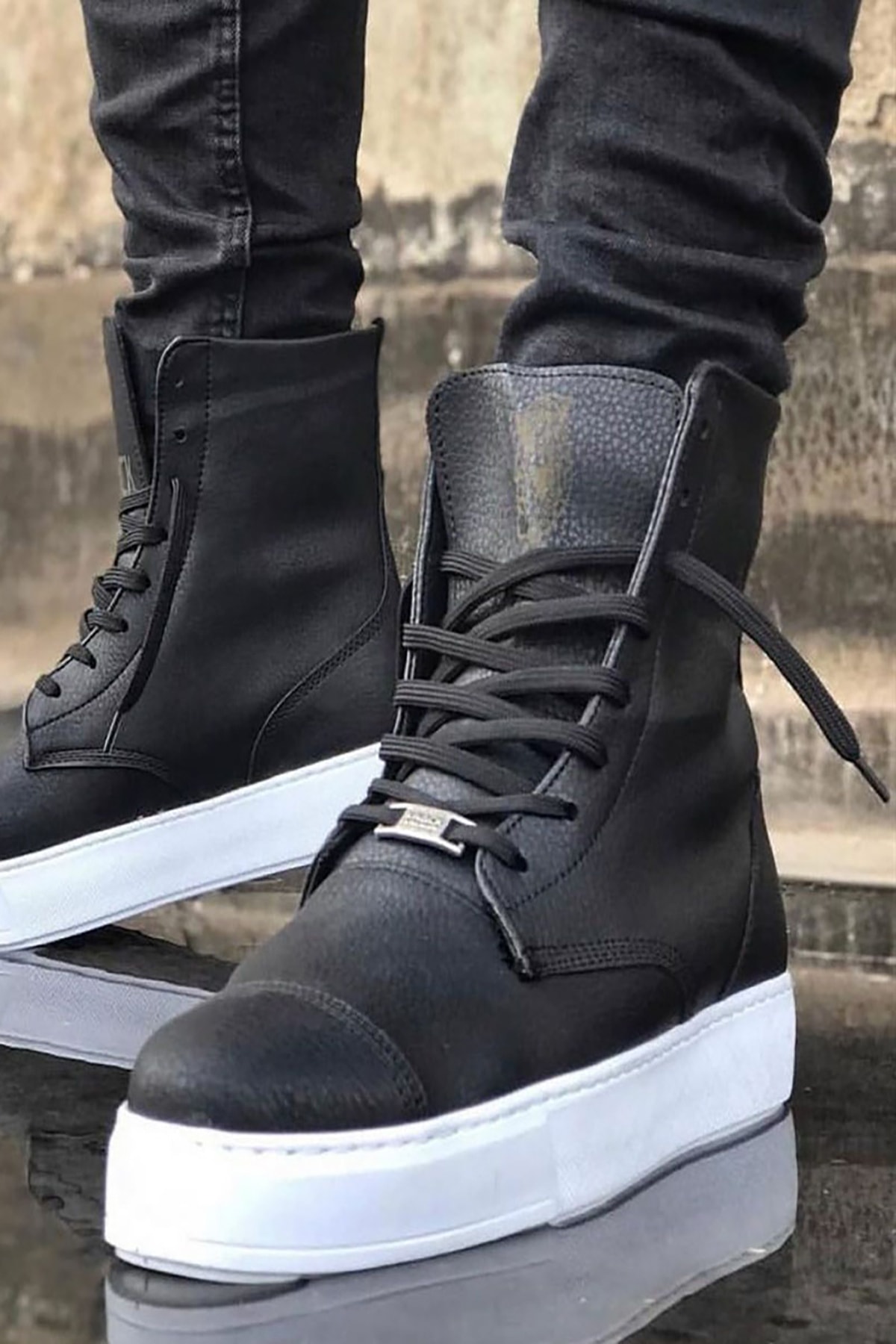 چکمه‌های ورزشی ساق بلند چرمی مشکی، بنددار و پاشنه بلند Rainon Store