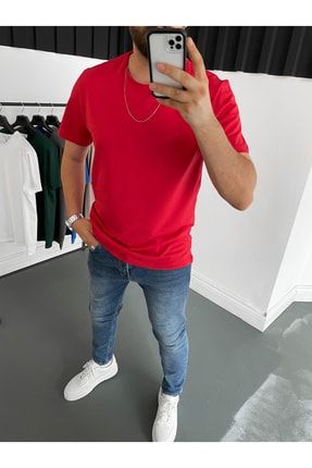 Std Pis Yaka Normal Kalıp Kırmızı T-shirt By 3157