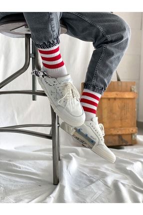 Erkek Beyaz Kırmızı Çizgili Uzun Çorap 1640