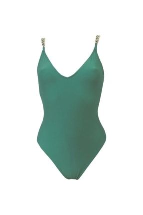 Bella Deep V Swimsuit Green And Gold Detail Kadın Yeşil Mayo BKN2