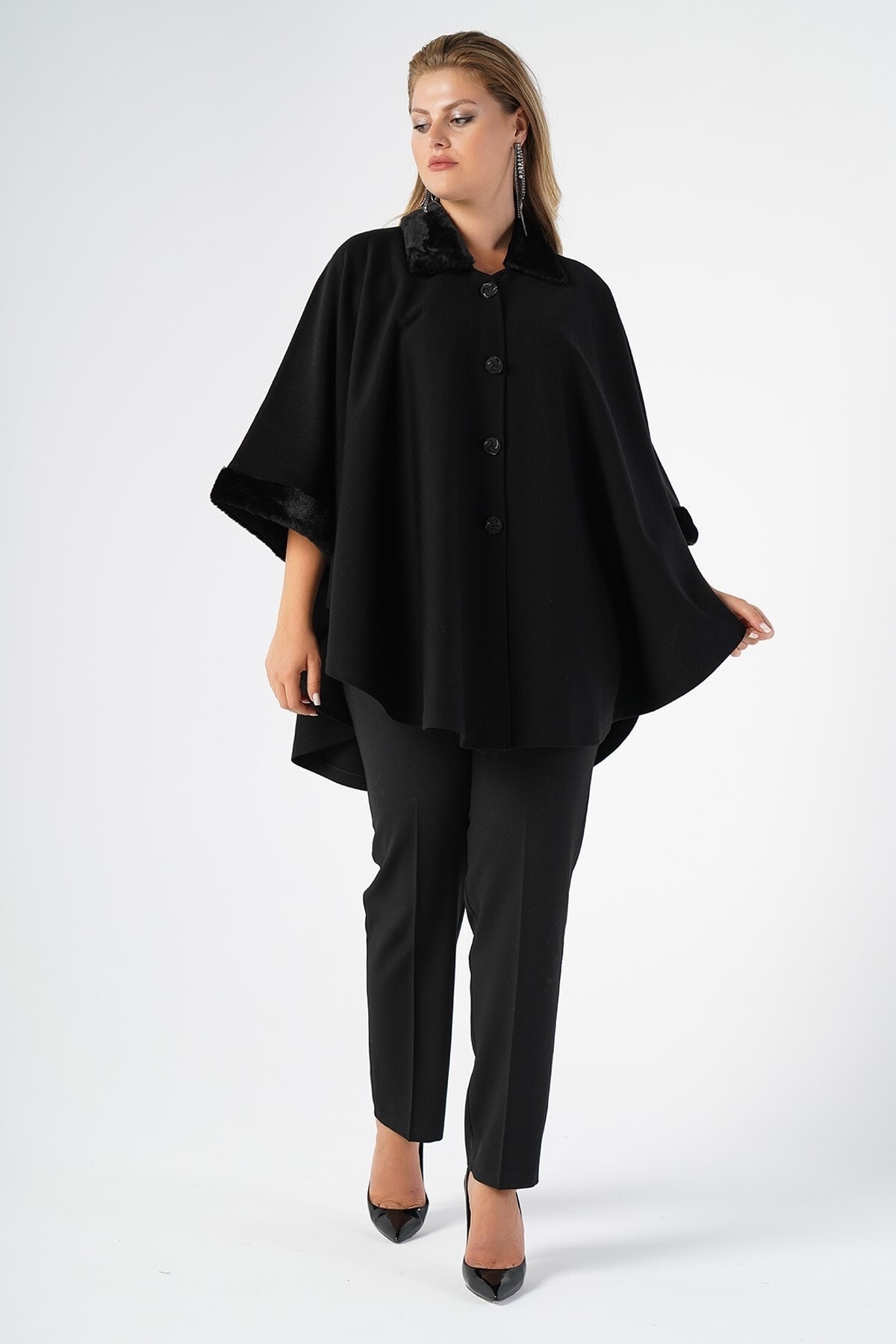 Plus Size Black Poncho with Black Fur