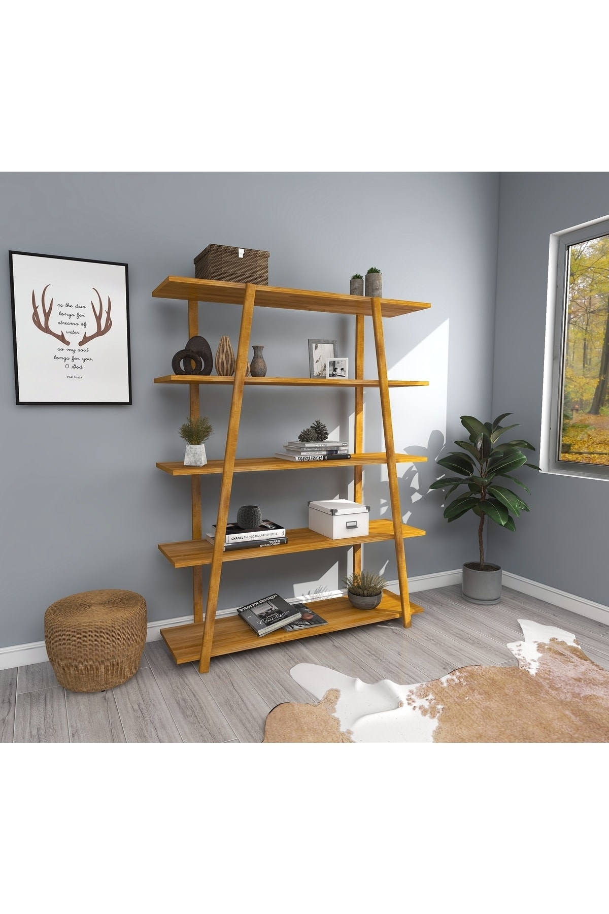 Solid Wood Standing Bookcase 145x115 Natural Wooden 5 Shelf Custom Design Multipurpose Use Oak