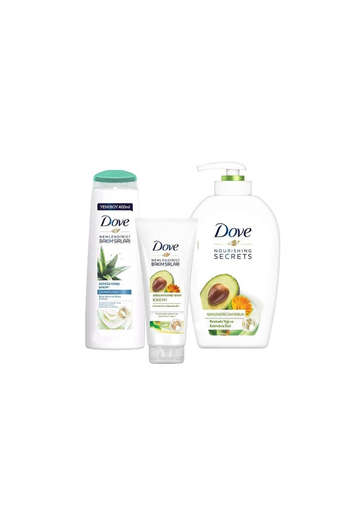 Dove-Hair Care Shampoo Aloe Vera, Conditioner Anti-Hair Loss and Liquid Soap Avocado 1