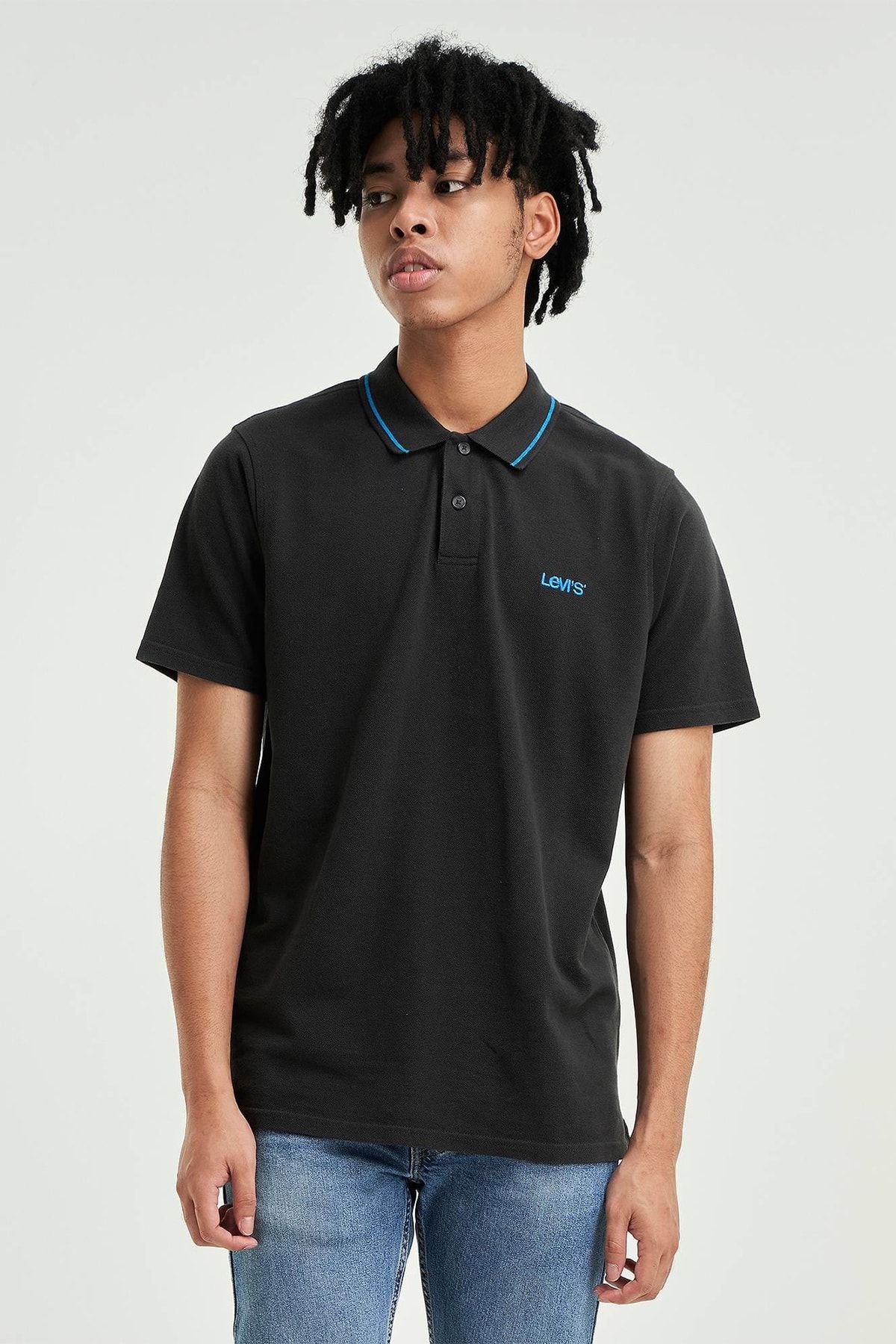 Levi s Men s Black Blue Embroidery Polo T shirt A3121 0002