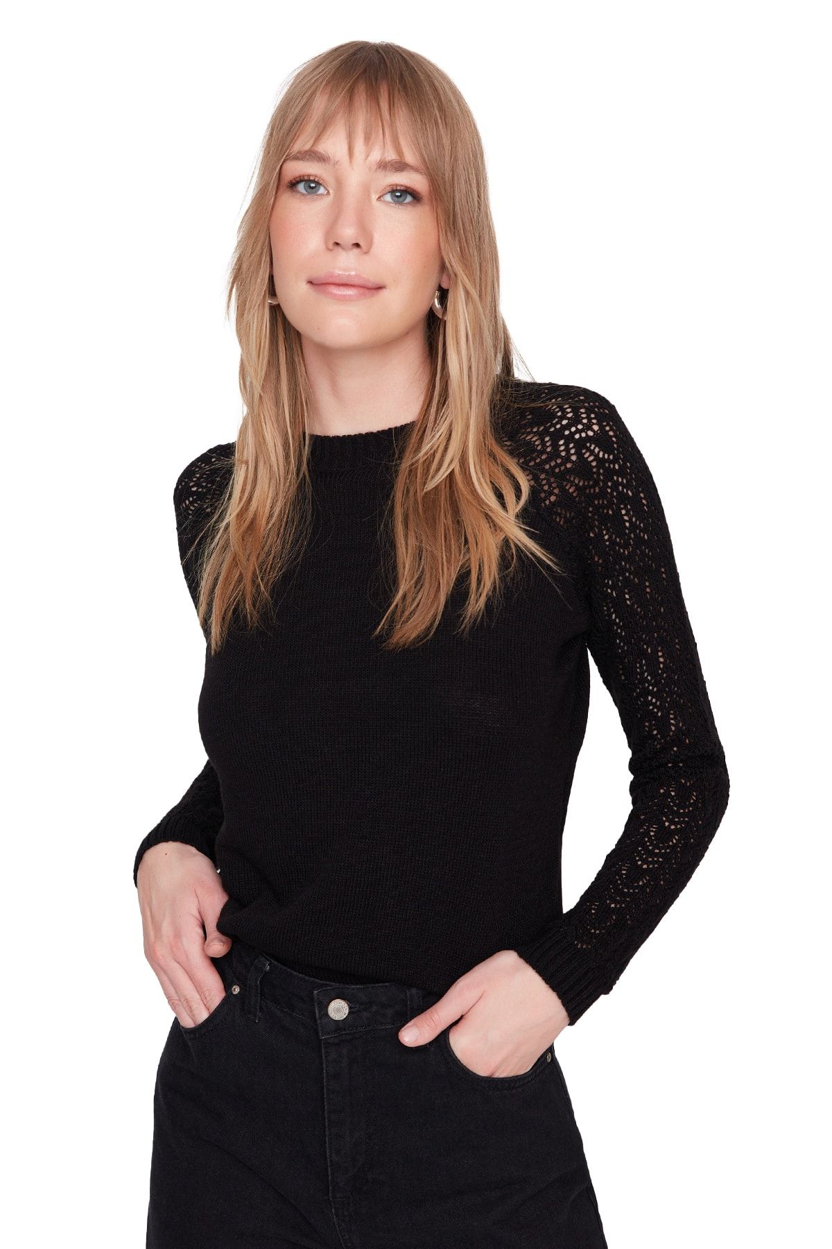 Trendyol Collection Czarny Ażurowy Sweterek Z Dzianiny Kobieta - S