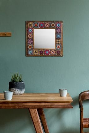 Mozaik Taş Ayna Dekoratif Duvar Aynası Ahşap Çerçeveli Doğal Taş Ayna Hediyelik Wall Mirror 33x33cm PCSTNMRR-20