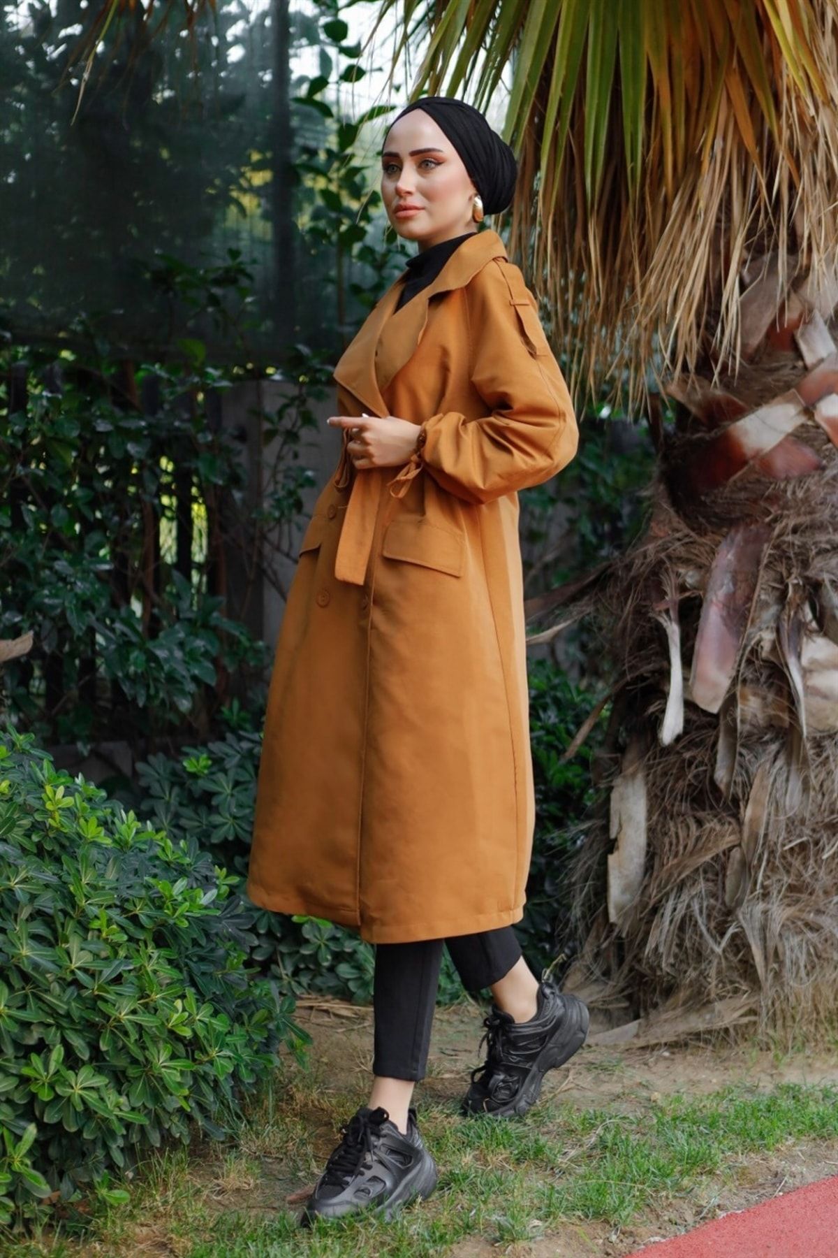 moda periy-المرأة المتواضعة الجودة الأساسية نمط الموسمية الأكمام الرباط زر مربوط مربوط قبعة حجاب خندق معطف 5