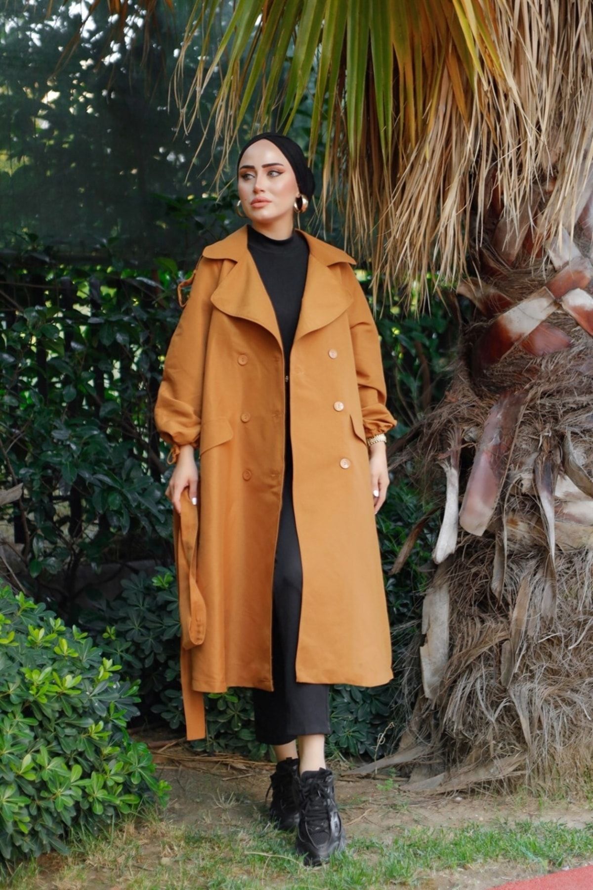 moda periy-المرأة المتواضعة الجودة الأساسية نمط الموسمية الأكمام الرباط زر مربوط مربوط قبعة حجاب خندق معطف 8