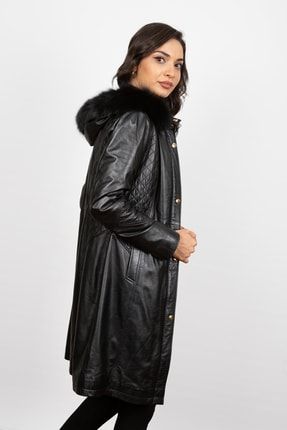 Kadın Siyah Uzun Kapüşonlu Deri Ceket HC576 ZİG SİYAH UZUN