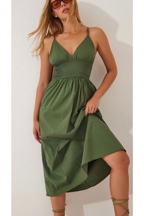 Kadın Yeşil Gipeli Ayarlanabilir Askılı Astarsız Yazlık Uzun Elbise 6459
