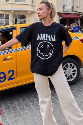 Siyah Yeni Nirvana Baskılı Oversize Kadın Tshirt 41527