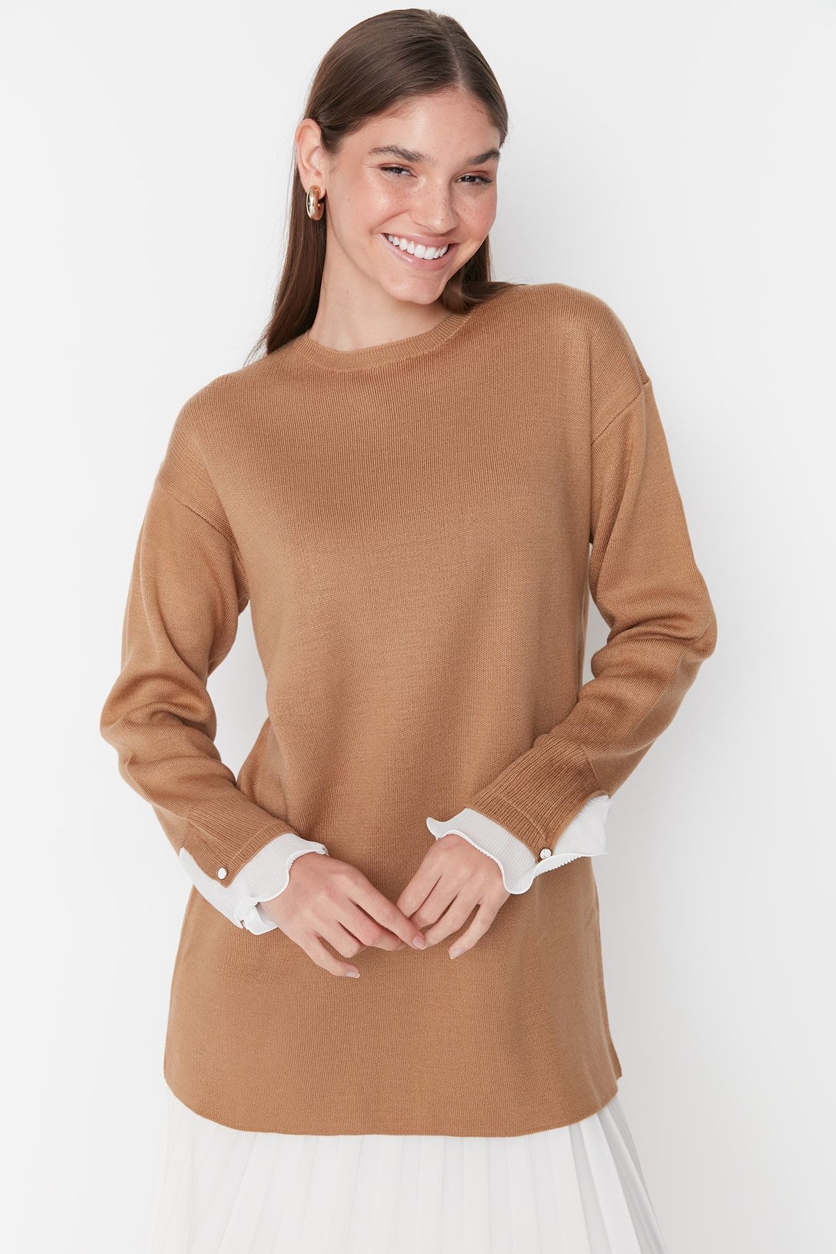 TRENDYOL MODEST Camel Sleeves Chiffon Ruffle Detailed Knitwear