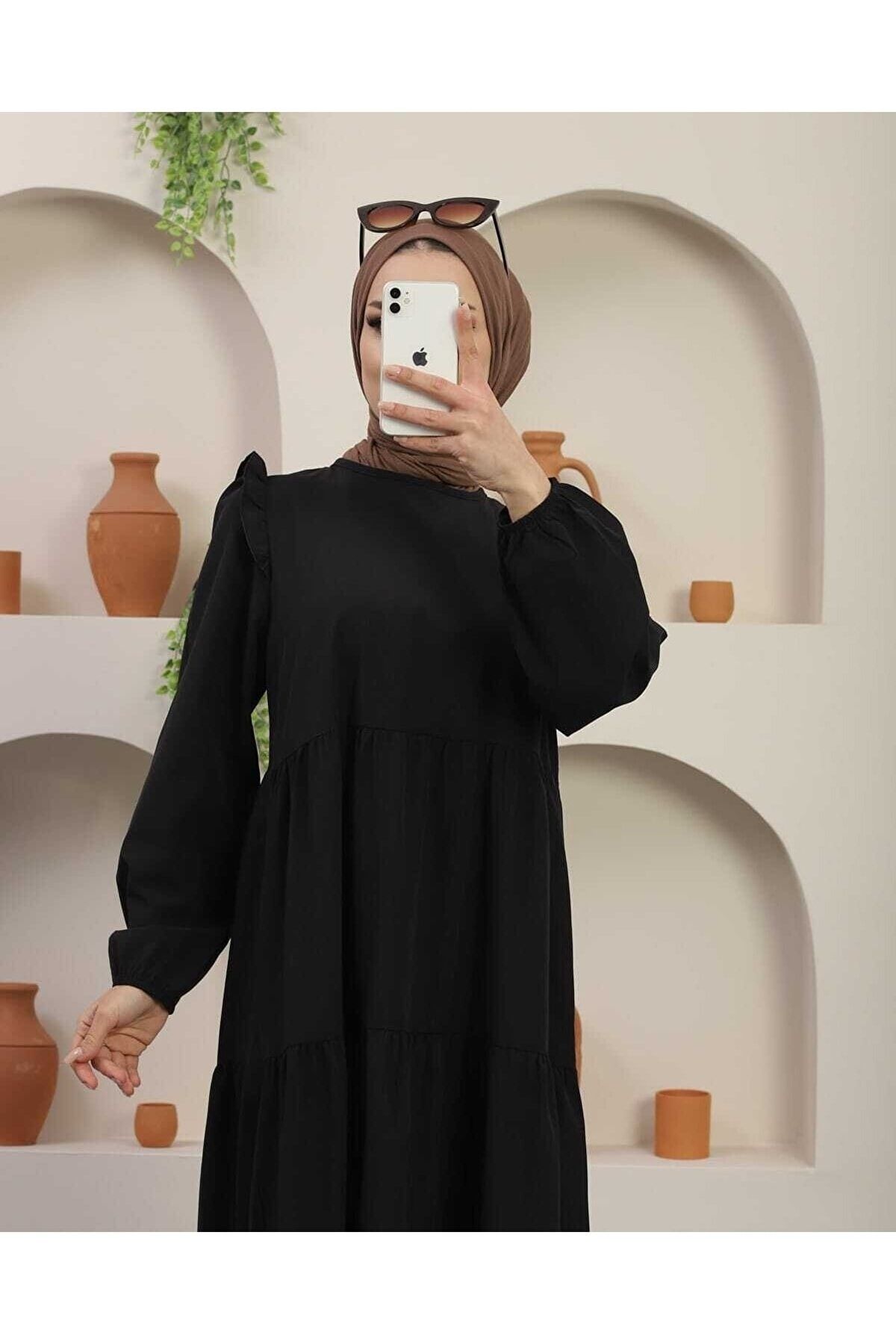 New Hera Fashion Kadın Omuz Fırfırlı Detaylı Terıkoton Elbıse RN8757
