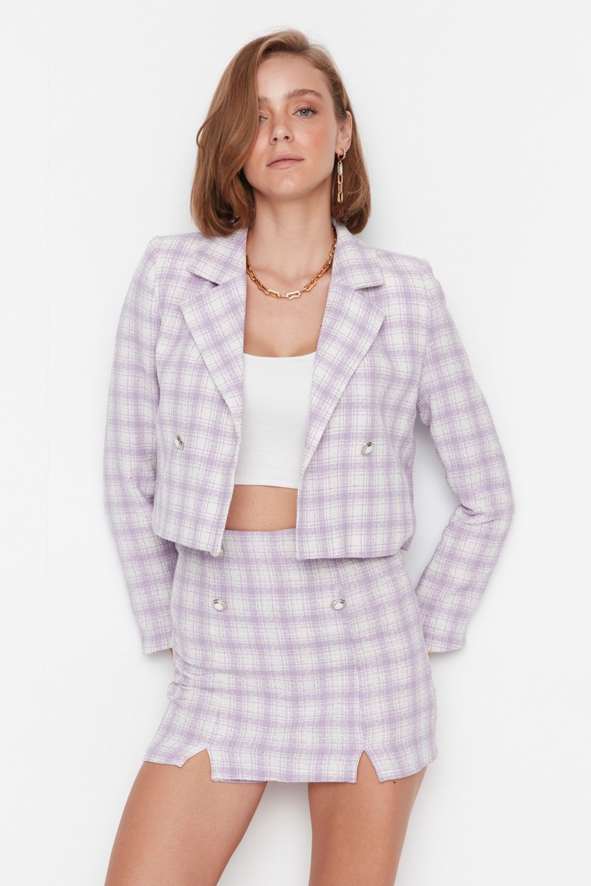 Trendyol Collection-Šeříková kostkovaná sukně s knoflíčky TWOAW23SR00016 2