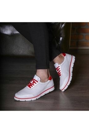 7011 Hakiki Deri Beyaz Kırmızı Garnili Erkek Sneaker Ayakkabı 7011 HESA