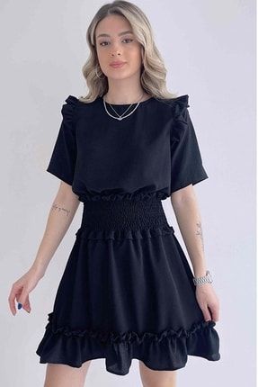 Kadın Aerobin Kumaş Beli Gipeli Kısa Kollu Siyah Mini Elbise 1e-6092 12A-5059