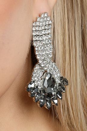 Kadın Katlı Füme Ortası Damla Taşlı Küpe Modeli Sallantılı Kristal Pırlanta Günlük Düğün Gelin Abiye FR164 Layered Smoked Crystal Earrings