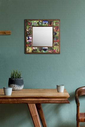 Kelebekler Taş Ayna Dekoratif Duvar Aynası Ahşap Çerçeveli Doğal Taş Ayna Hediyelik Mirror 33x33cm PCSTNMRR-16