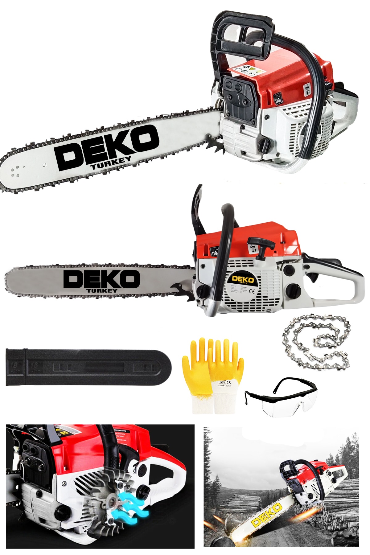 DEKO Turkey Dkt52bm Ağaç Odun Kesme Bıçkı Makinesi Çift Egzos Motorlu Benzinli Testere 52 cc 4.3hp+gözlük Eldiven
