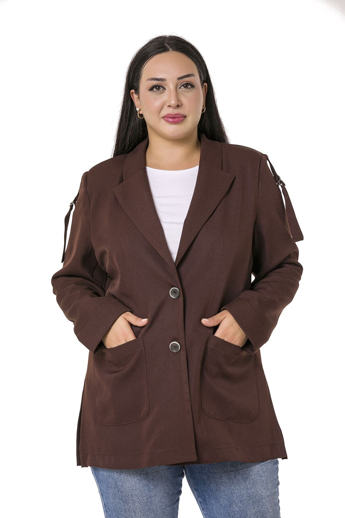 DISENTIS MODEST-Plus Size Brown Jacket with Double Folded Sleeves and Side Slits on the Shoulder with Ribbon and D Buckle Detail 7