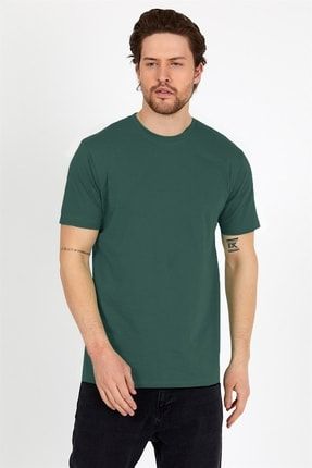 Koyu Yeşil Renk Regular Fit Pamuklu Erkek Tişört DKS1000