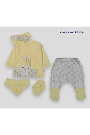 Bebek Sarı Tavşanlı Bandanalı Yeni Doğan Pamuklu Zıbın Set 5 Li Nbv