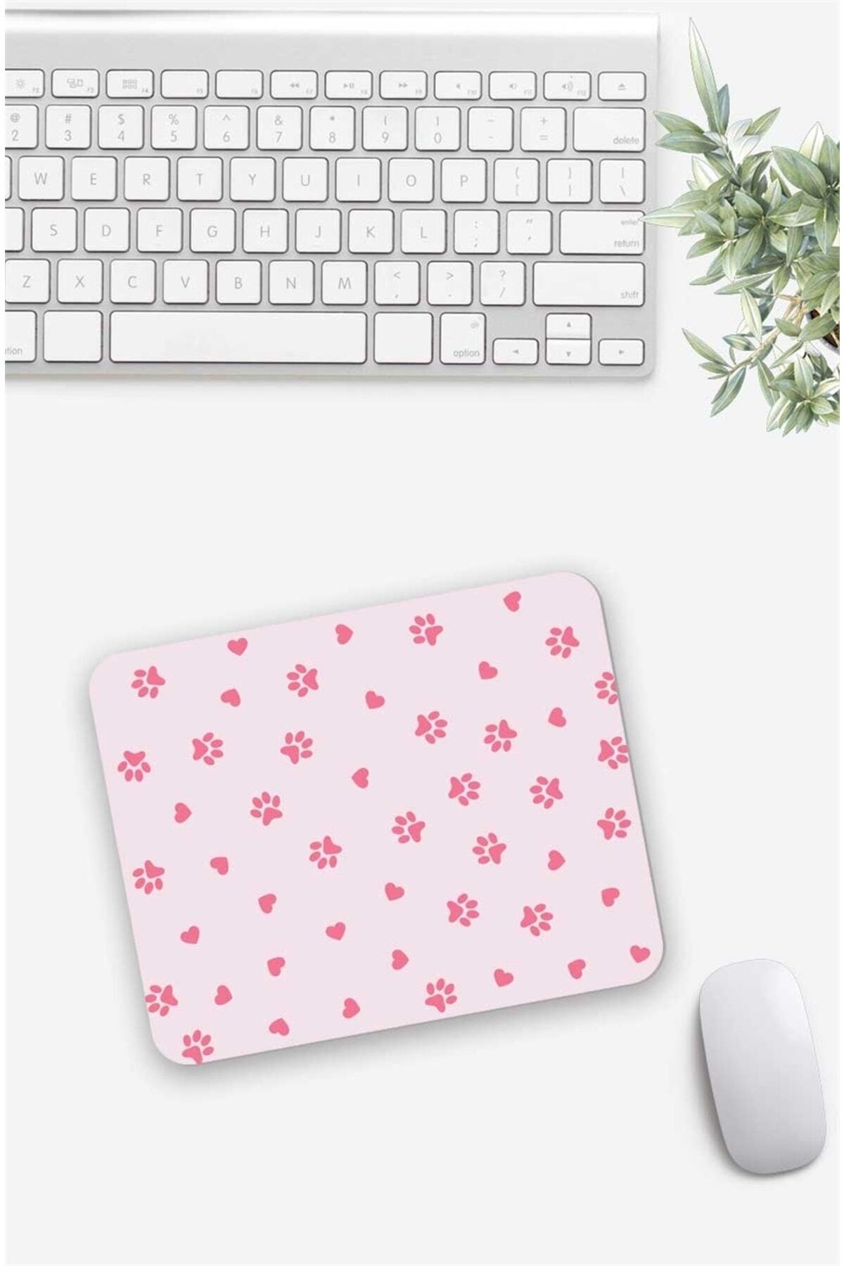 Pink Paws And Hearts Patterned Mouse Pad