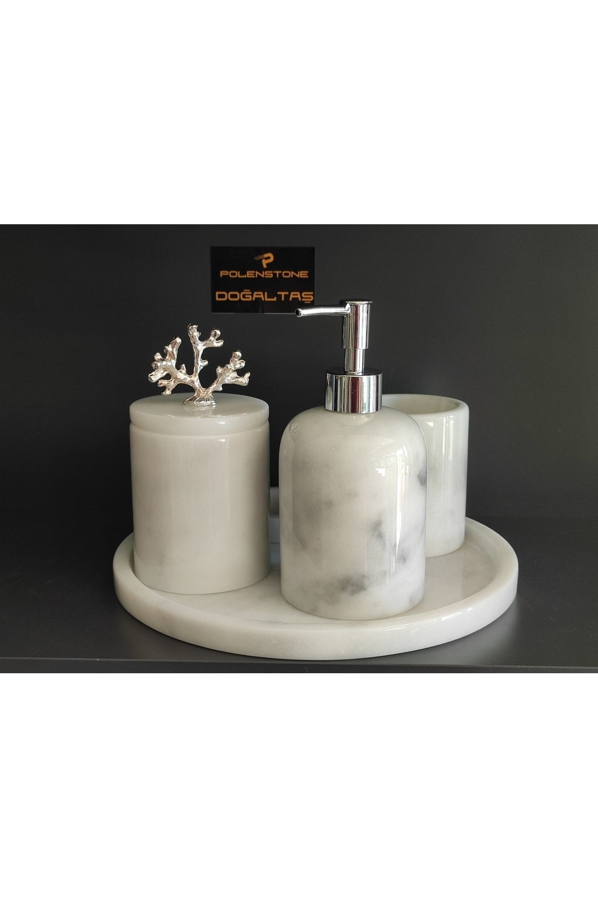 Polen Stone Beyaz Gri Damarlı Mermer Mercan Gümüş Rengi Aksesuarlı 5'li Banyo Seti
