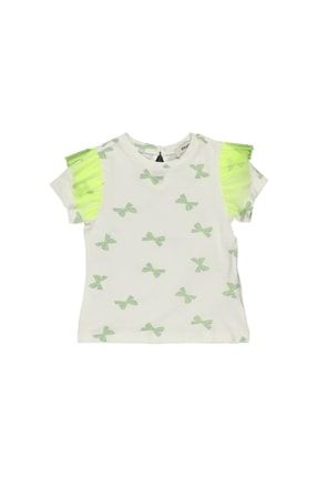 Kız Bebek Kolu Tül Detaylı Baskılı Kısa Kollu T-shirt 2211GB05031