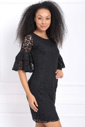Kadın Siyah Güpür Kolları Volanlı Elbise Elb31293