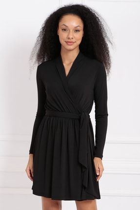 Kadın Siyah Beli Lastikli Kuşaklı Uzun Kol Sendi Elbise ELB32988