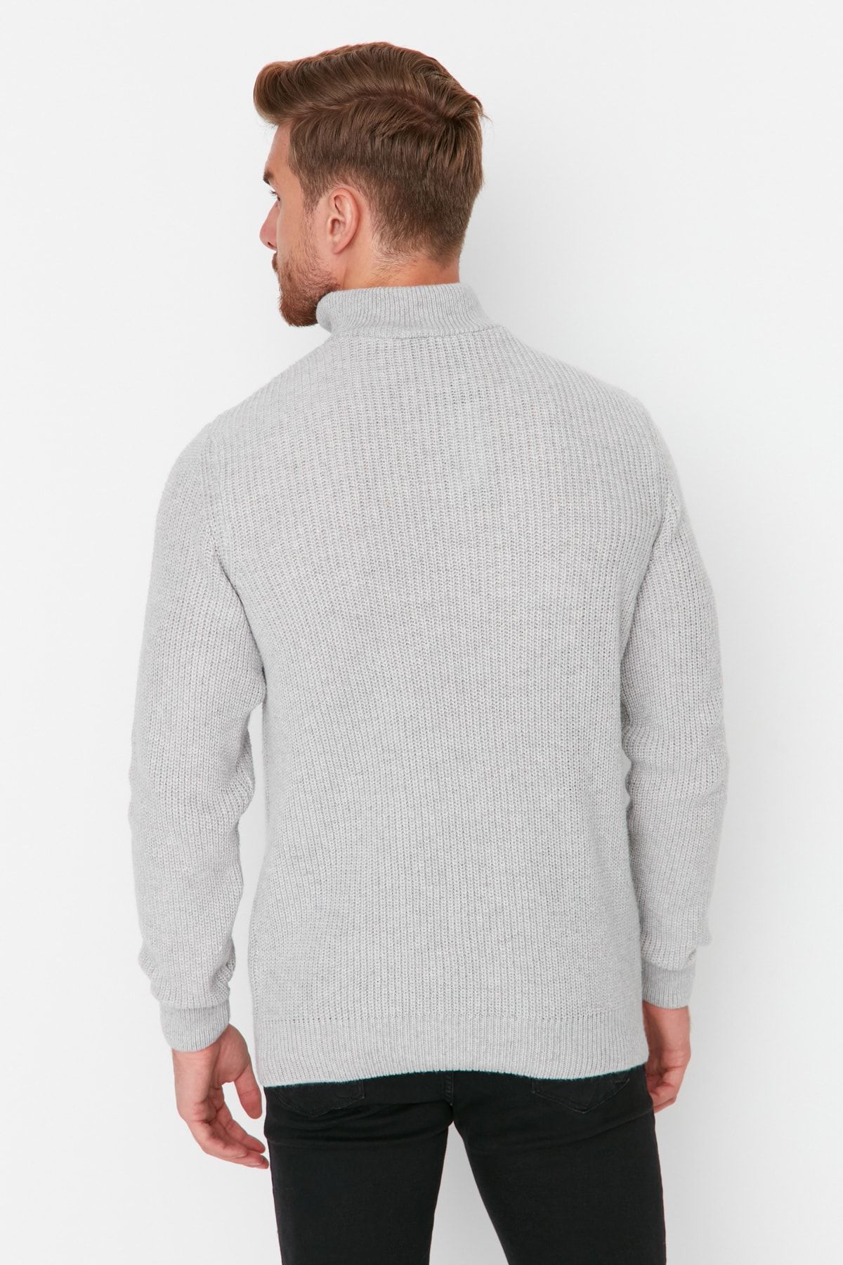 Trendyol Collection-Garatlan nyakú szürke kötött pulóver - normál szabású, gyapjú, cipzáras TMNAW22KZ0347 5