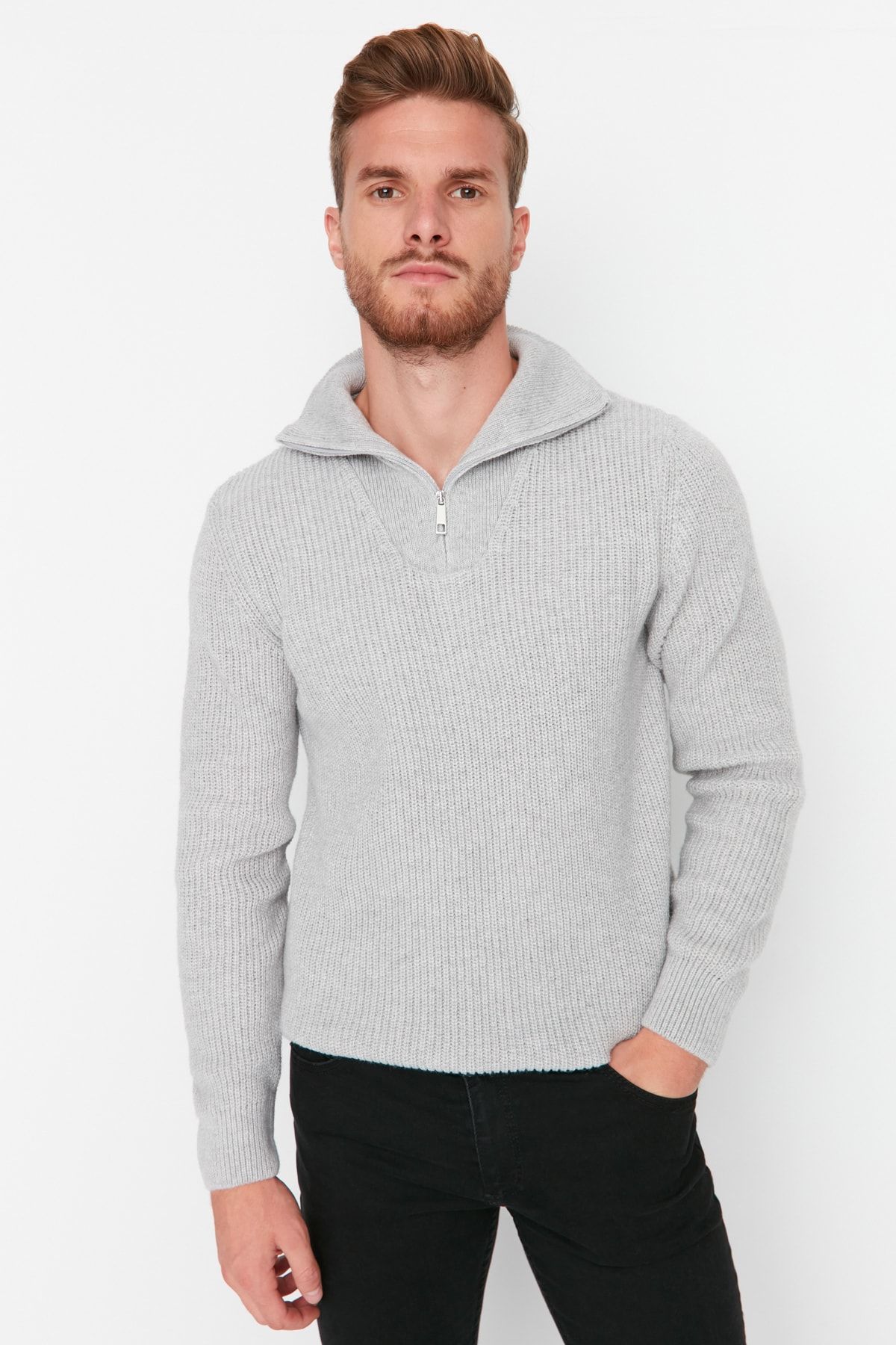 Trendyol Collection-Garatlan nyakú szürke kötött pulóver - normál szabású, gyapjú, cipzáras TMNAW22KZ0347 2