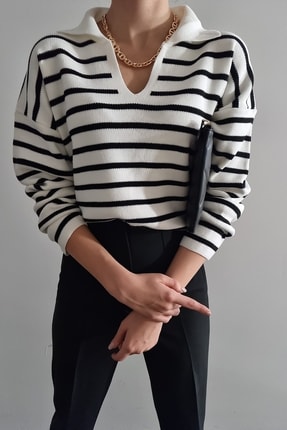 Jose Clothing Kadın Polo Yaka Siyah Beyaz &Ccedil;izgili Uzun Kollu Triko Kazak