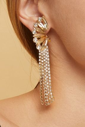 Kadın Gold Sallantılı Sıkıştırmalı Taşlı Küpe Saçaklı Uzun Kristal Zirkon Pırlanta Günlük Abiye Balo FR128 Leaf Pattern Diamond Earrings