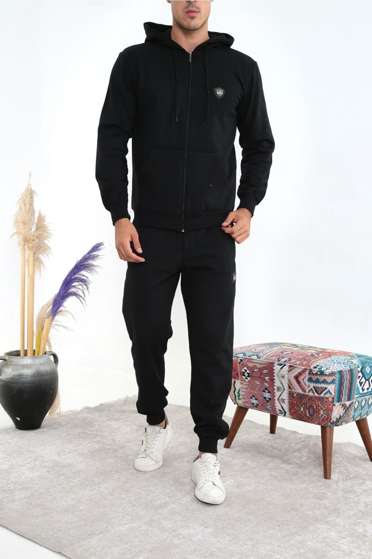 Erkek Siyah Fermuarlı 3 Iplik Kalın Kumaş Şardonlu Eşofman Takım — مشکی C02E2016
