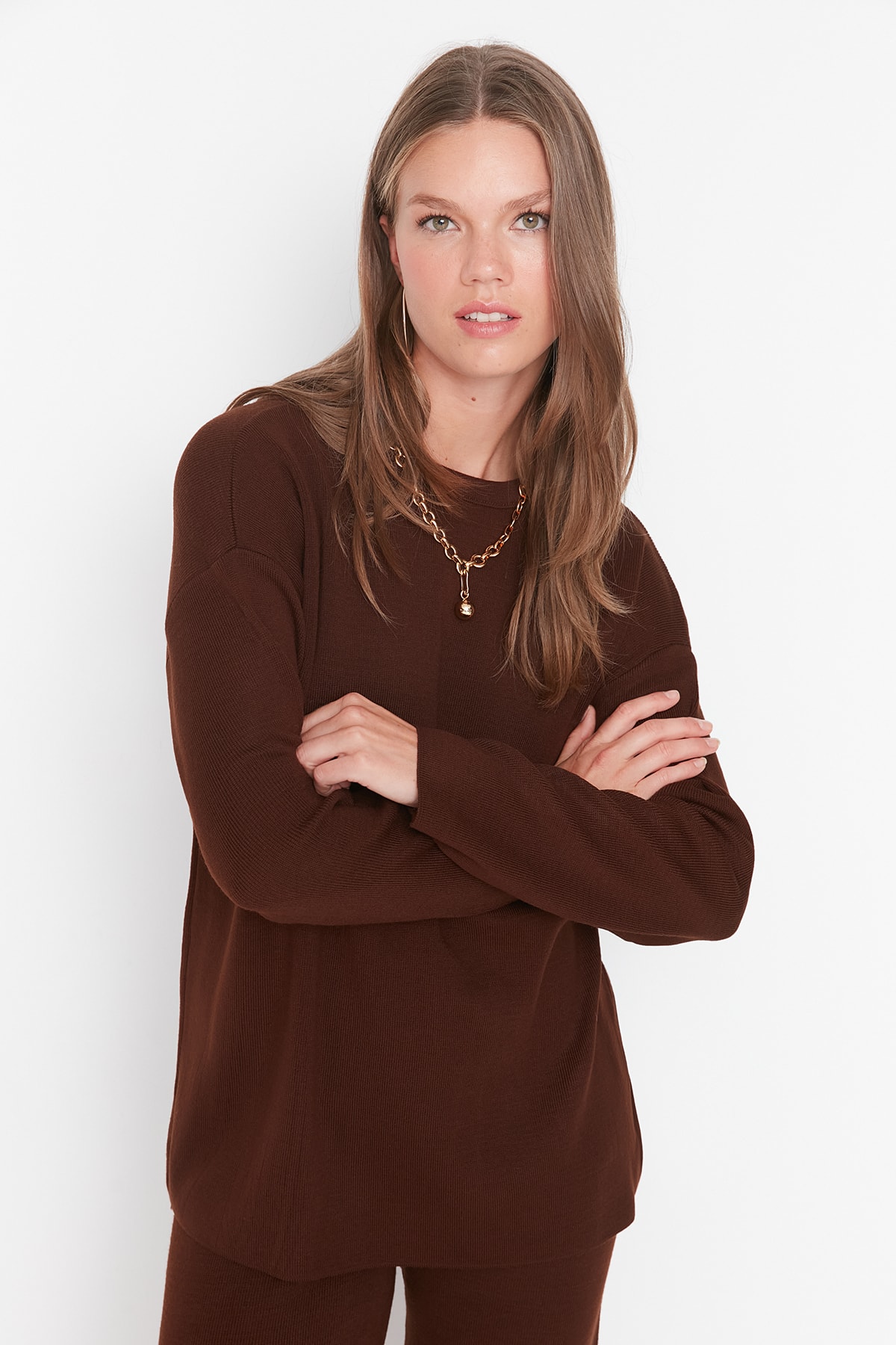 Trendyol Collection Brązowy dzianinowy zestaw góra i dół - Twoaw23Au00244