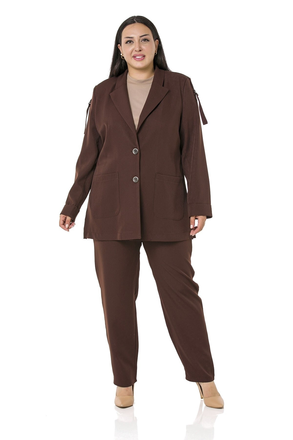 DISENTIS MODEST-Plus Size Brown Jacket with Double Folded Sleeves and Side Slits on the Shoulder with Ribbon and D Buckle Detail 4
