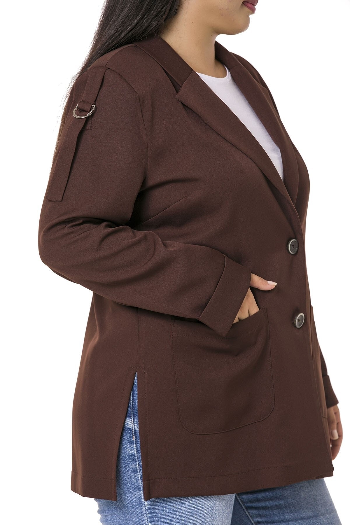 DISENTIS MODEST-Plus Size Brown Jacket with Double Folded Sleeves and Side Slits on the Shoulder with Ribbon and D Buckle Detail 6