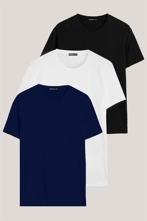 Siyah-beyaz-lacivert Renk Regular Fit Pamuklu Erkek Tişört 3'lü Paket DKS3000