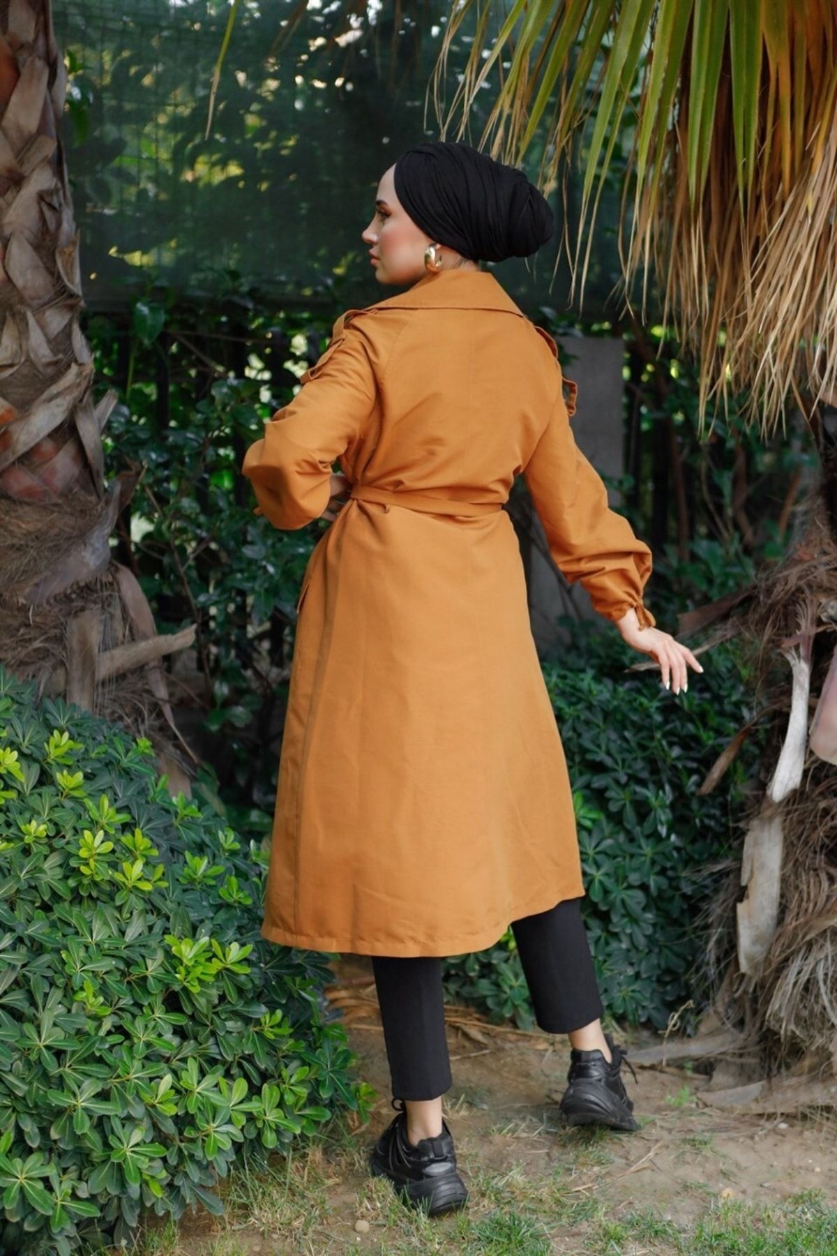 moda periy-المرأة المتواضعة الجودة الأساسية نمط الموسمية الأكمام الرباط زر مربوط مربوط قبعة حجاب خندق معطف 6