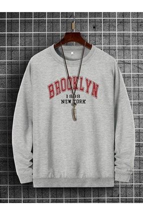 Unisex Gri Brooklyn Baskılı Sweatshirt mancybrooklyngri