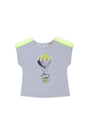 Kız Bebek Kolu Tül Detaylı Baskılı Kısa Kollu T-shirt 2211GB05032