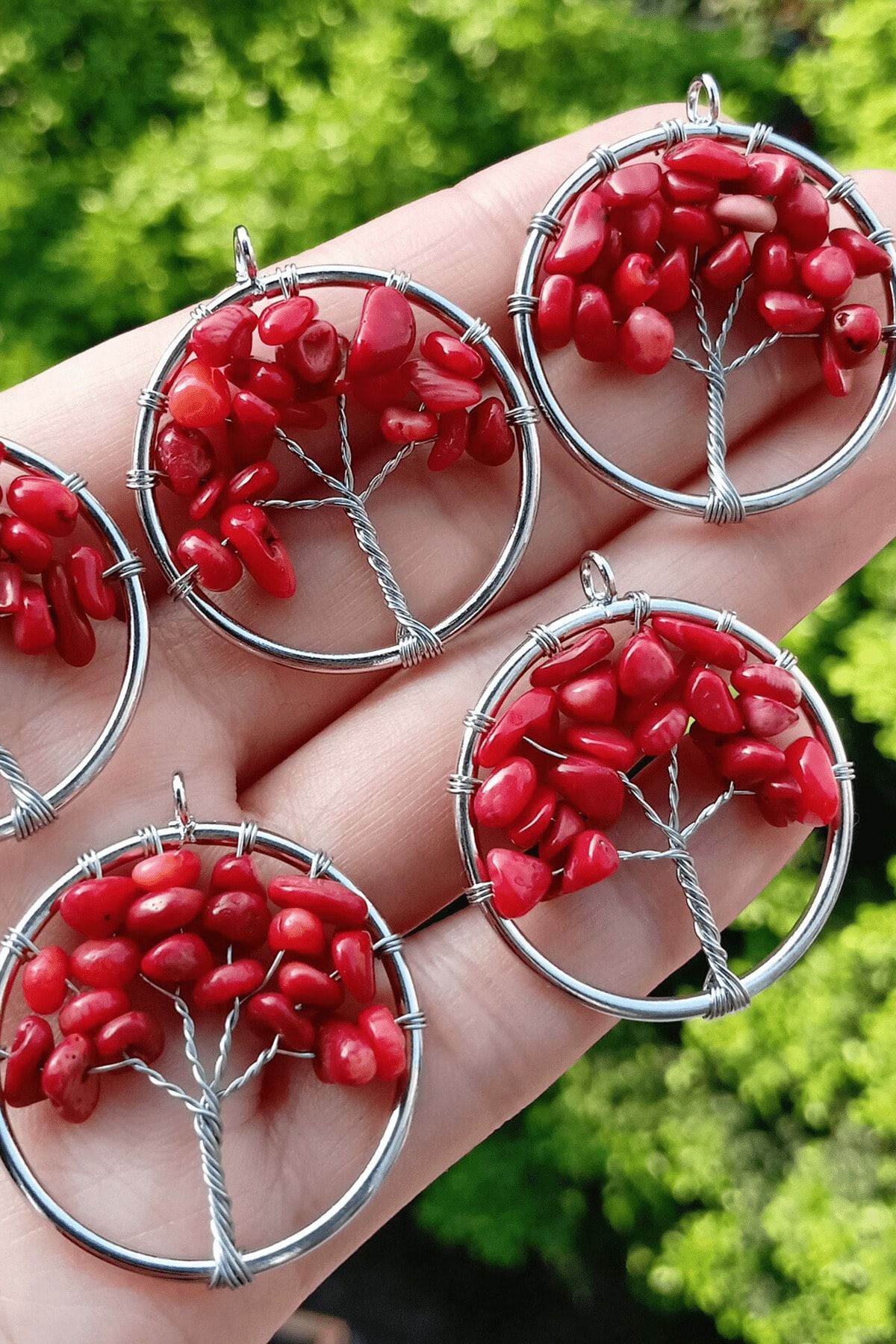 Tesbih At lyesi Certified Natural Red Coral Stone Tree of Life Necklace
